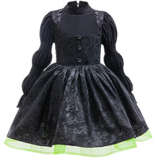 Black kids costume dress for a girl featuring long black hair and a full skirt with a lime green hem.