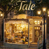 A vintage-style wooden miniature dollhouse display lit by warm lamps in a wet outdoor setting.