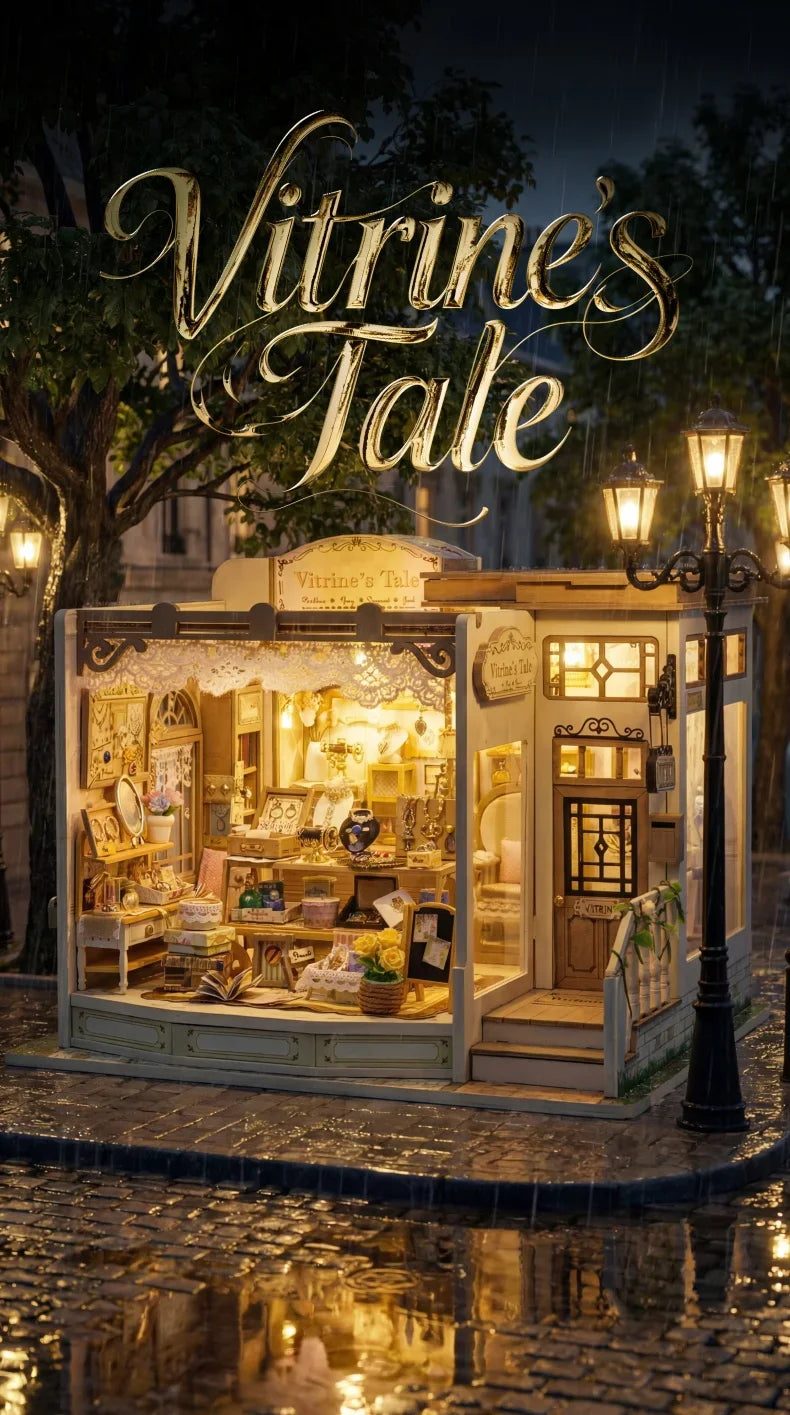 A vintage-style wooden miniature dollhouse display lit by warm lamps in a wet outdoor setting.