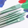 A set of six green nylon paint brushes for watercolor and acrylic painting displayed on a white background.