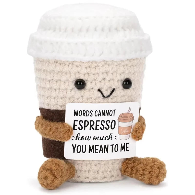 Handmade Knitted Coffee Doll with Card – Funny Crochet Desk Decor