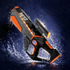 An orange and black sci-fi rapid fire electric water blaster is shown against a dark background.