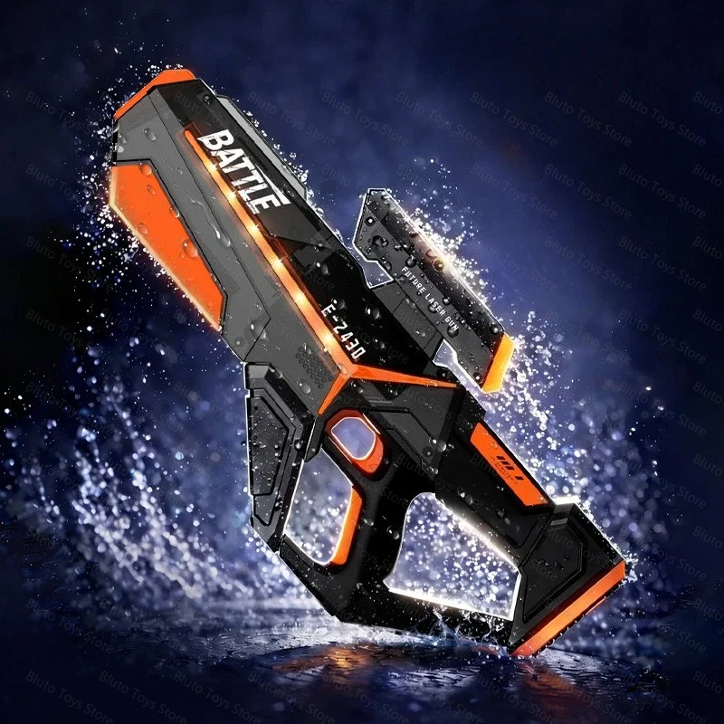An orange and black sci-fi rapid fire electric water blaster is shown against a dark background.
