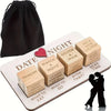 A set of wooden dice used for a couples game called Date Night Dice featuring various prompts like watch a movie or go for a 