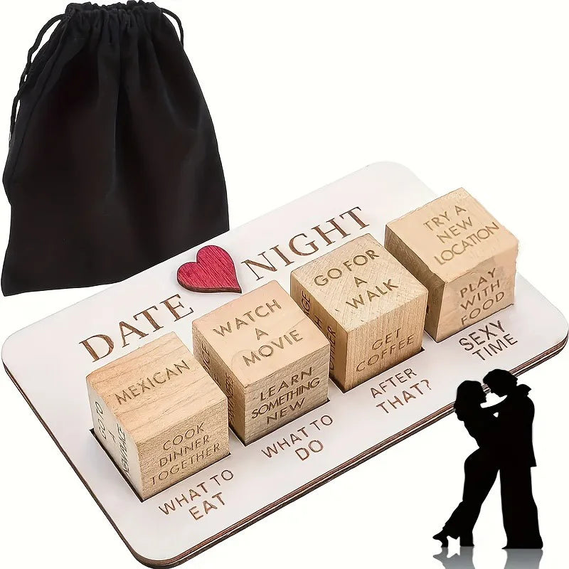 A set of wooden dice used for a couples game called Date Night Dice featuring various prompts like watch a movie or go for a 