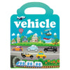 A colorful sticker book featuring vehicles like airplanes, helicopters, and cars in various outdoor scenes.