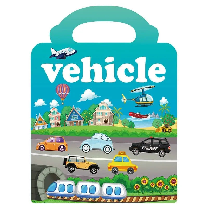 A colorful sticker book featuring vehicles like airplanes, helicopters, and cars in various outdoor scenes.