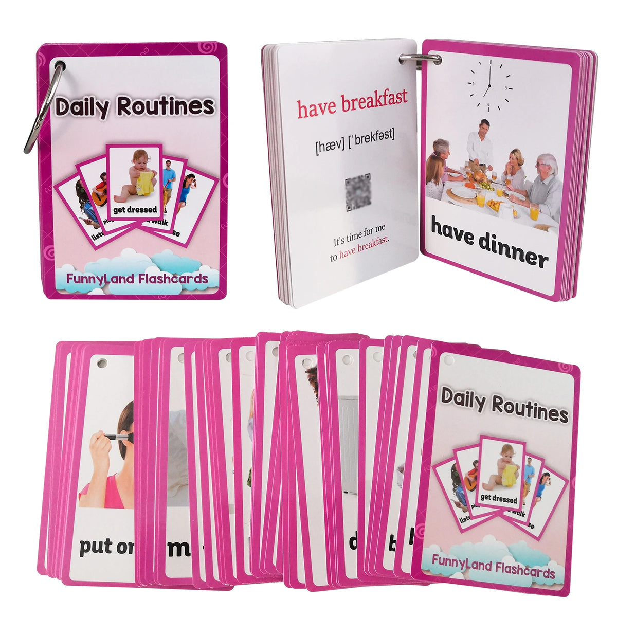 A set of pink English vocabulary flashcards showing daily routines and meal times like have breakfast and have dinner