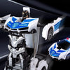 A white and black transforming robot car toy is shown in a dynamic pose with a police theme.