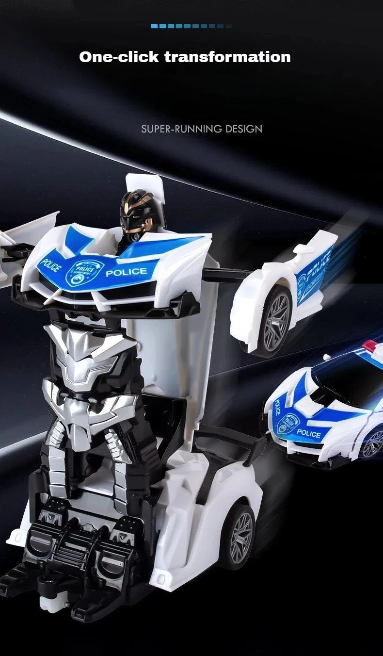 A white and black transforming robot car toy is shown in a dynamic pose with a police theme.