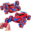 A red and blue remote control stunt car with lights and spray effect, shown being held by a hand.