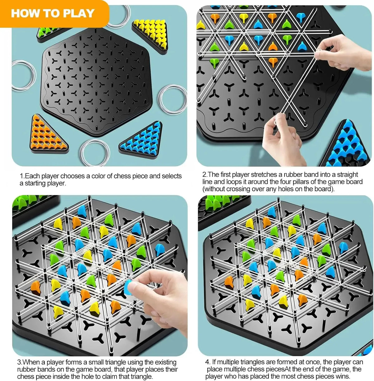A close-up of a triangle chess strategy board game showing players placing pieces on the board.