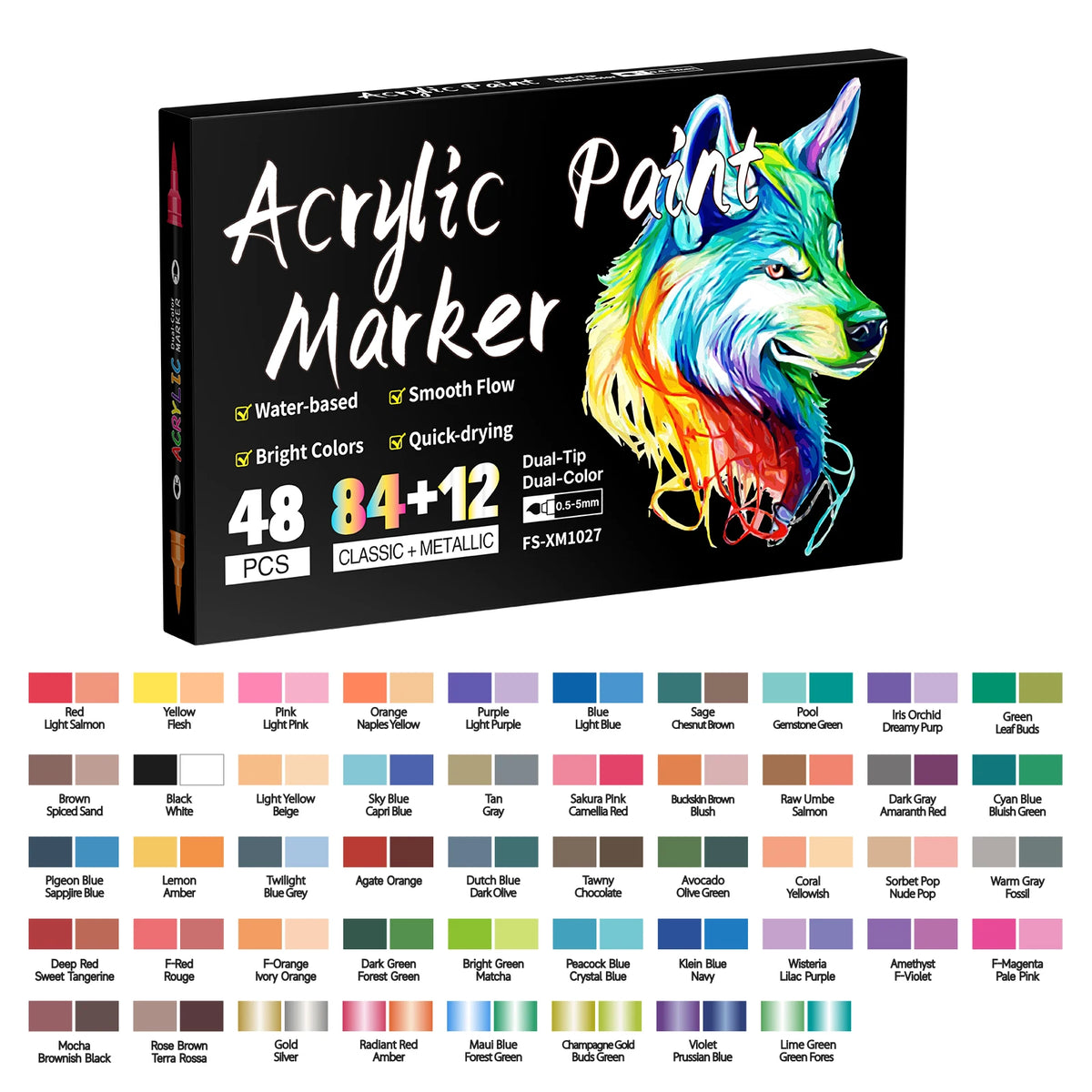 A set of 48 acrylic paint markers featuring bright colors and smooth flow, including various shades of yellow, pink, orange, 