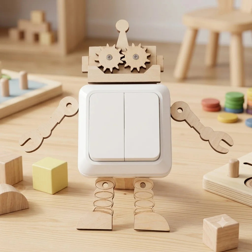 A wooden Montessori busy board for toddlers featuring gears, switches, and sensory components.