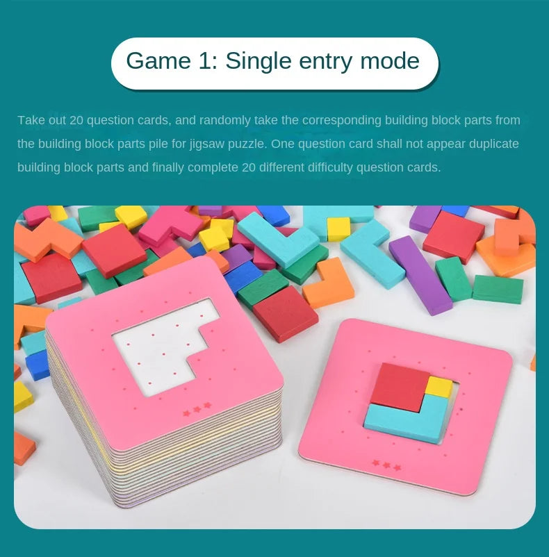 A stack of pink puzzle cards and a single pink puzzle card with building block pieces on a white surface.