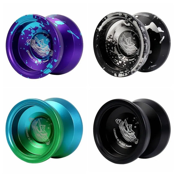 Set of four aluminum alloy yo-yos in purple, black, and green with ball bearings