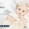 A lifelike 14-inch reborn baby doll with a blonde wig and outfit, shown in a close-up against a white background.