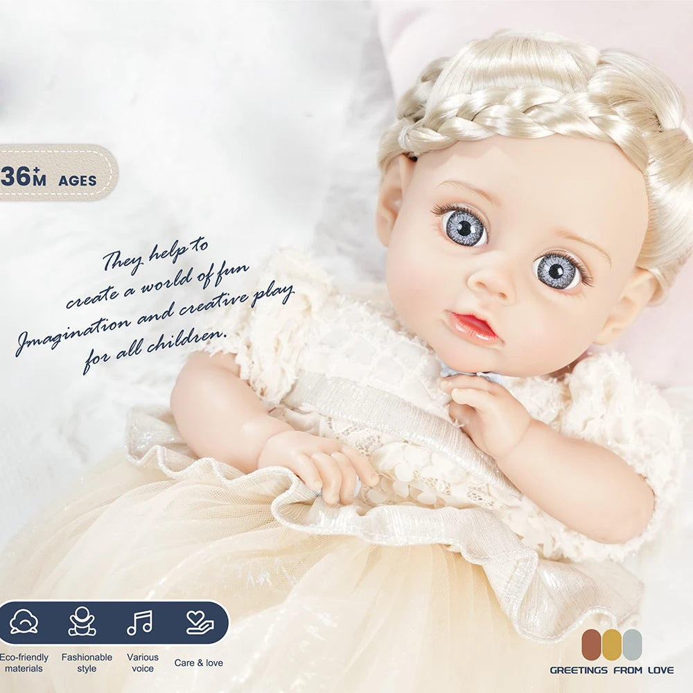 A lifelike 14-inch reborn baby doll with a blonde wig and outfit, shown in a close-up against a white background.