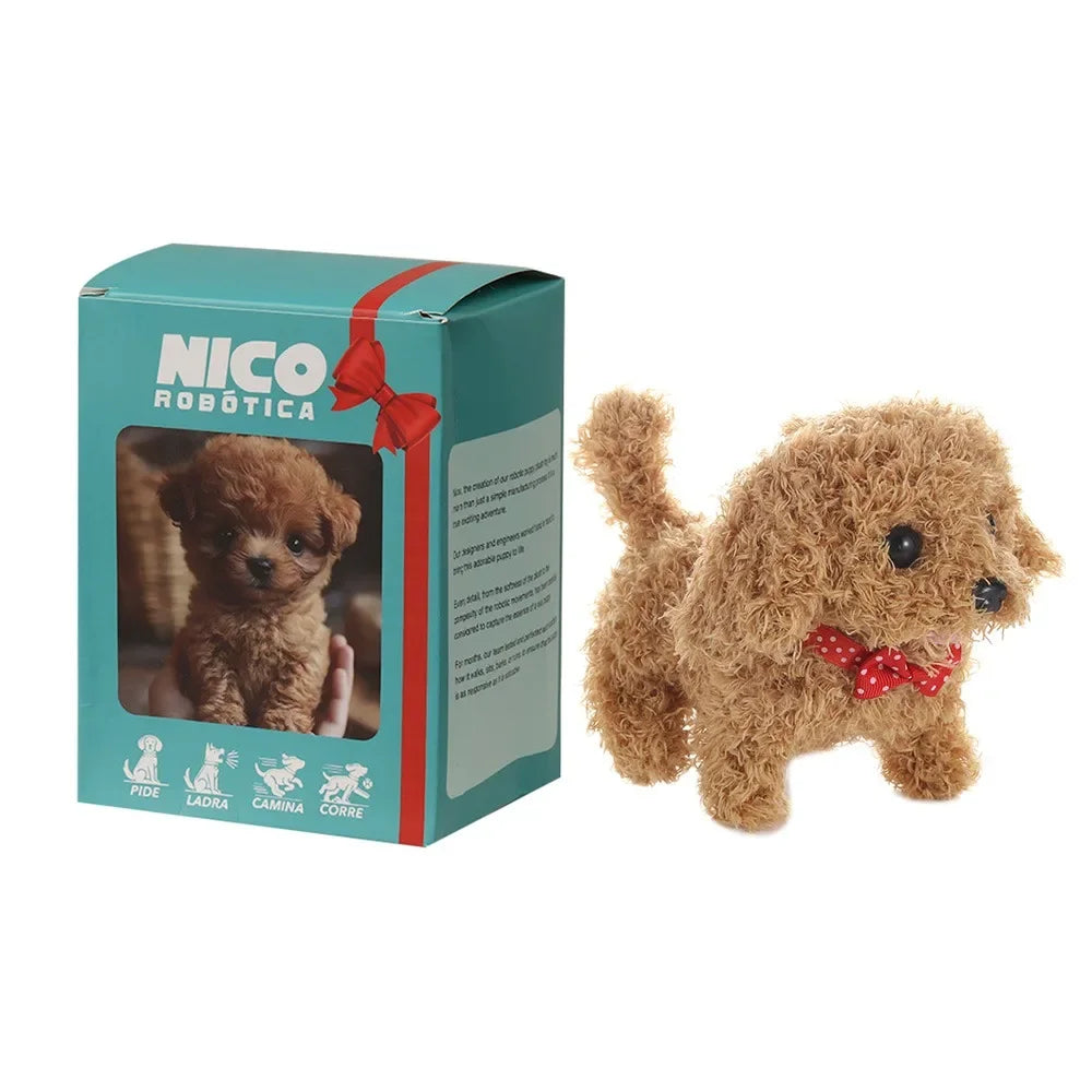 A brown plush robot puppy toy packaged in a green box with red ribbon, showing its features.