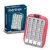 A red and gray light-up rhythm game machine box and the corresponding handheld game device for kids.
