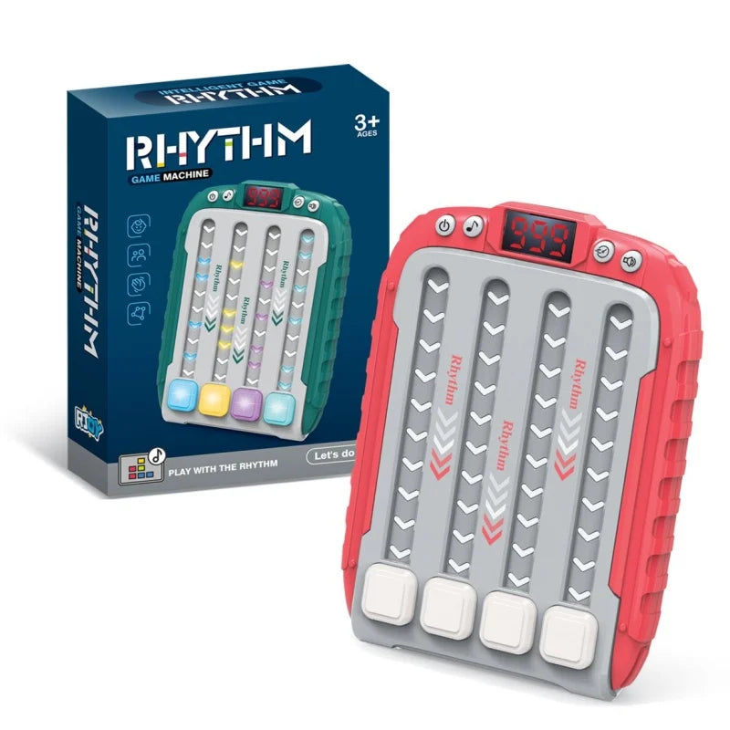 A red and gray light-up rhythm game machine box and the corresponding handheld game device for kids.