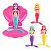 A set of pink mermaid bath and pool floating toys featuring purple, yellow, and teal mermaids.