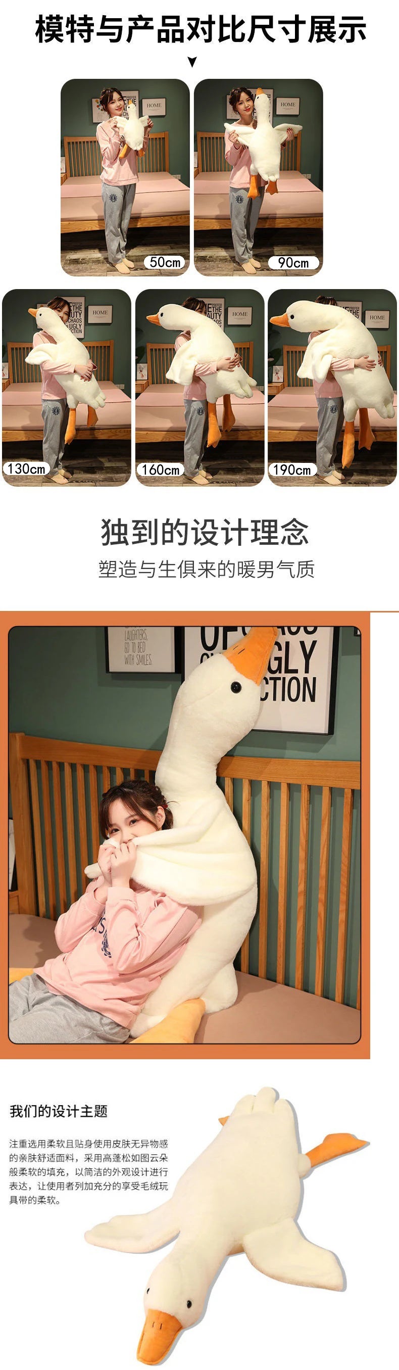 A white plush goose pillow is shown resting on a pink fabric, demonstrating its soft and cuddly design.