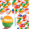 A collection of colorful inflatable beach balls in orange, green, and white are shown against a white background.