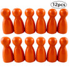 A set of twelve wooden game pawns in six different shades of orange.