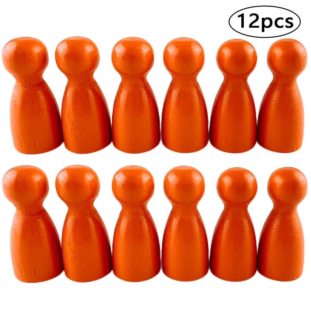 A set of twelve wooden game pawns in six different shades of orange.