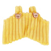 Yellow knitted strap pants for a plush doll featuring two small bear appliqués