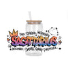 A clear glass jar with a straw contains colorful graffiti art of the Sagittarius zodiac sign.