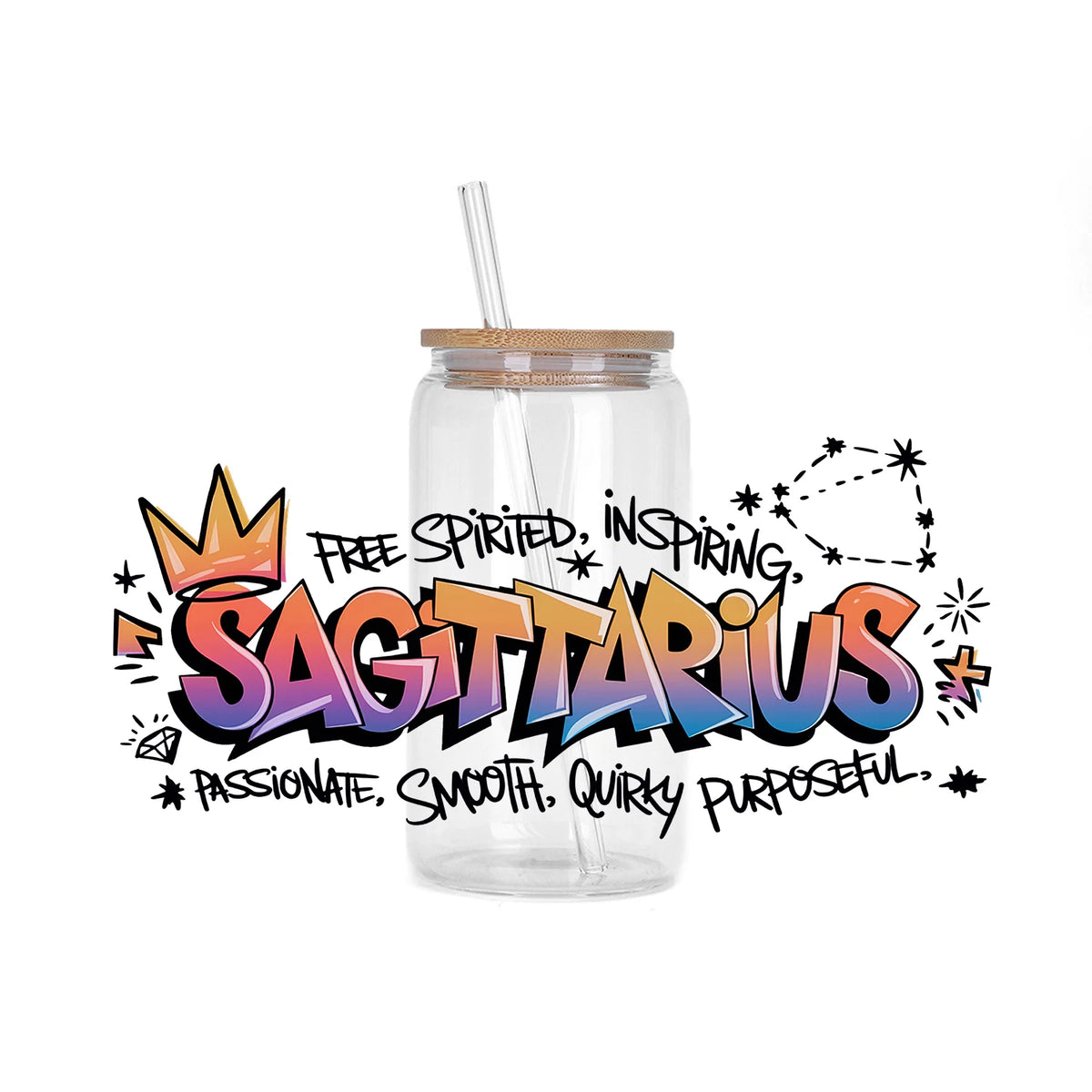 A clear glass jar with a straw contains colorful graffiti art of the Sagittarius zodiac sign.