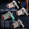A foam bullet toy pistol with rapid-fire action is shown in various colors and packaged in a box.