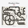 A black and white play mat featuring a city road map design with various icons and numbered streets.
