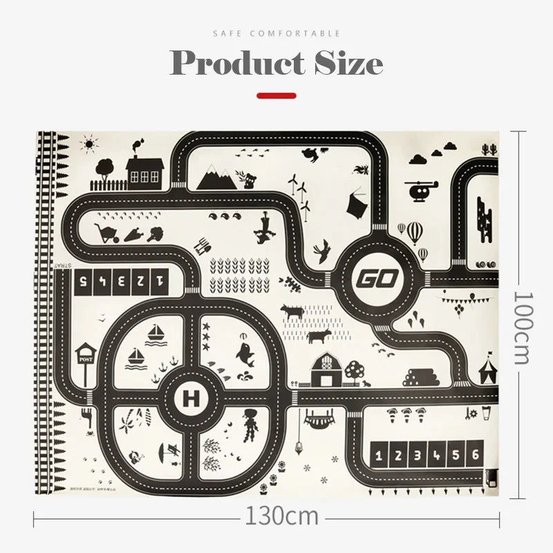 A black and white play mat featuring a city road map design with various icons and numbered streets.