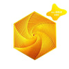 A bright yellow hexagonal puzzle cube with intricate spiral lines and a gold label.