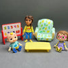 A set of playful cartoon PVC figurines featuring characters and accessories with a watermelon school bus theme.