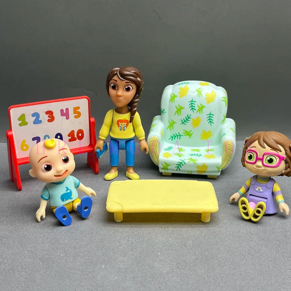 A set of playful cartoon PVC figurines featuring characters and accessories with a watermelon school bus theme.