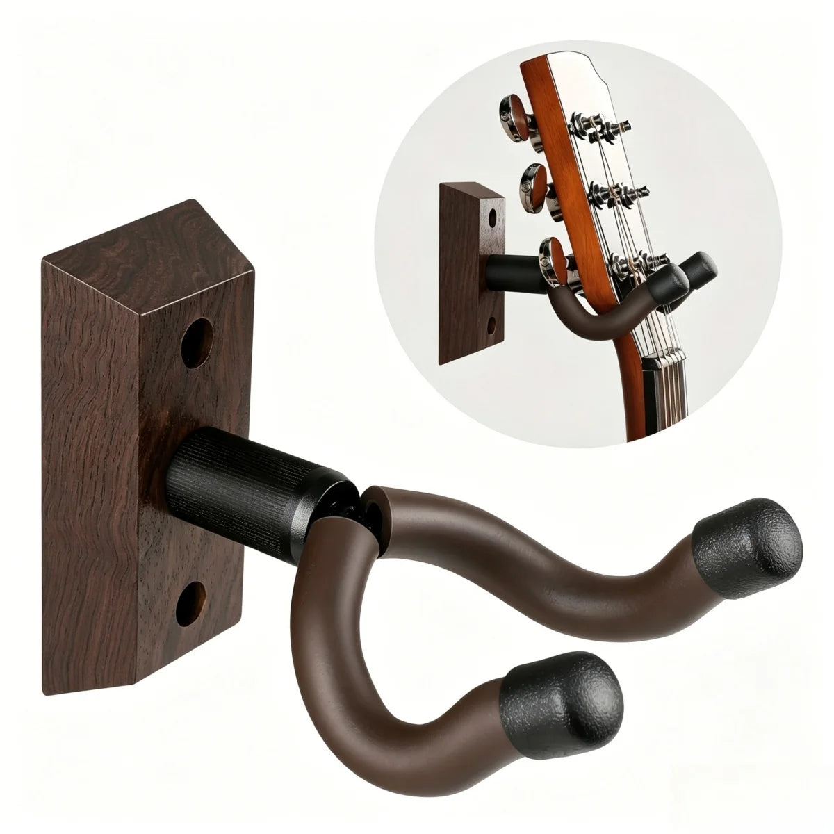 A dark walnut wood guitar wall mount with a rotating U-shaped hanger shown next to an inset of the mounting mechanism.