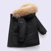 Black kids winter jacket with a thick, fluffy brown fur collar