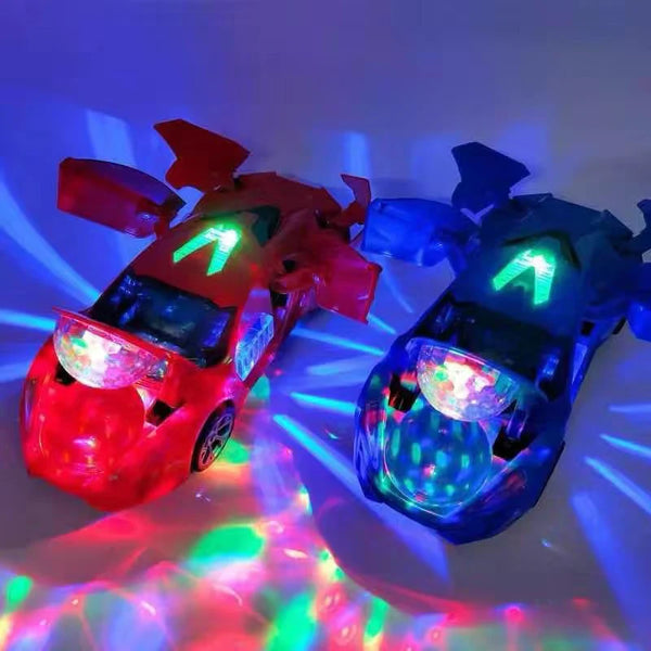 A red and blue spinning stunt racing car with bright LED lights illuminated against a dark background.