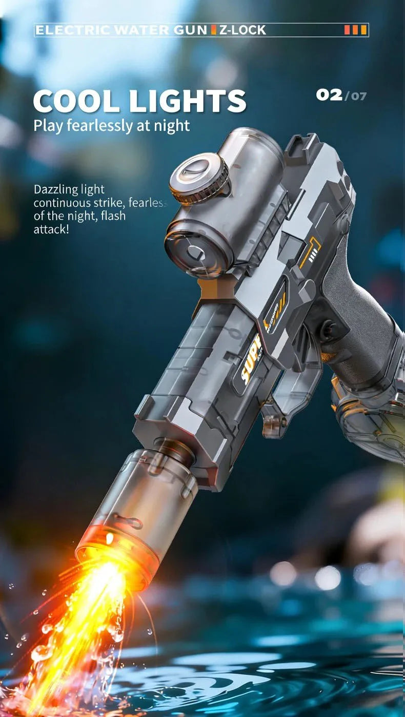 A close-up of an electric water gun firing a bright yellow stream of water and light against a dark background.