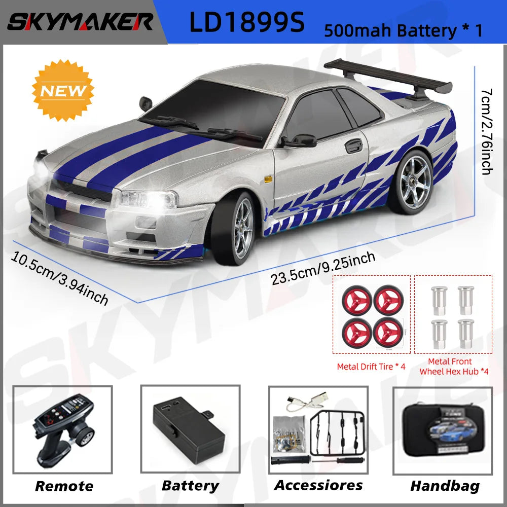 A silver 1/18 scale GTR R34 RC drift car model with a black roof and blue stripes, shown next to its remote control and acces