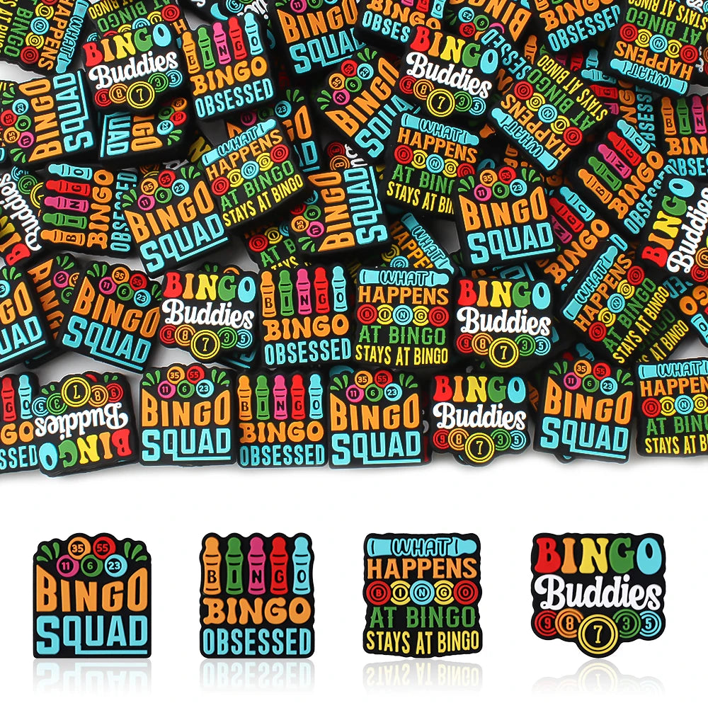 A collection of colorful bingo-themed silicone beads and components for DIY jewelry making