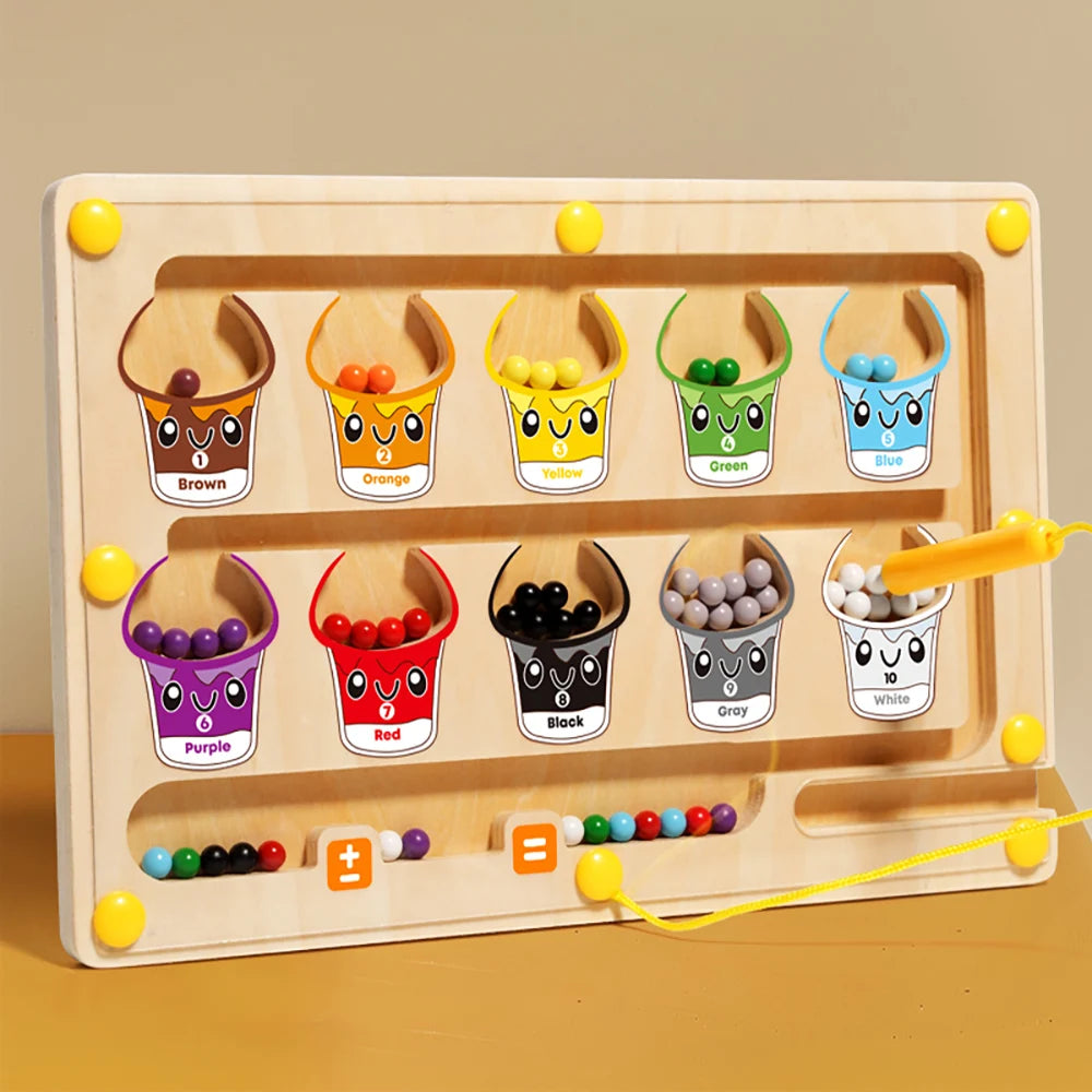 A wooden magnetic color and number maze board with various colored cups for counting