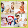 A collage of family and children celebrating birthday, children's day, christmas, and easter with a musical giraffe teether t