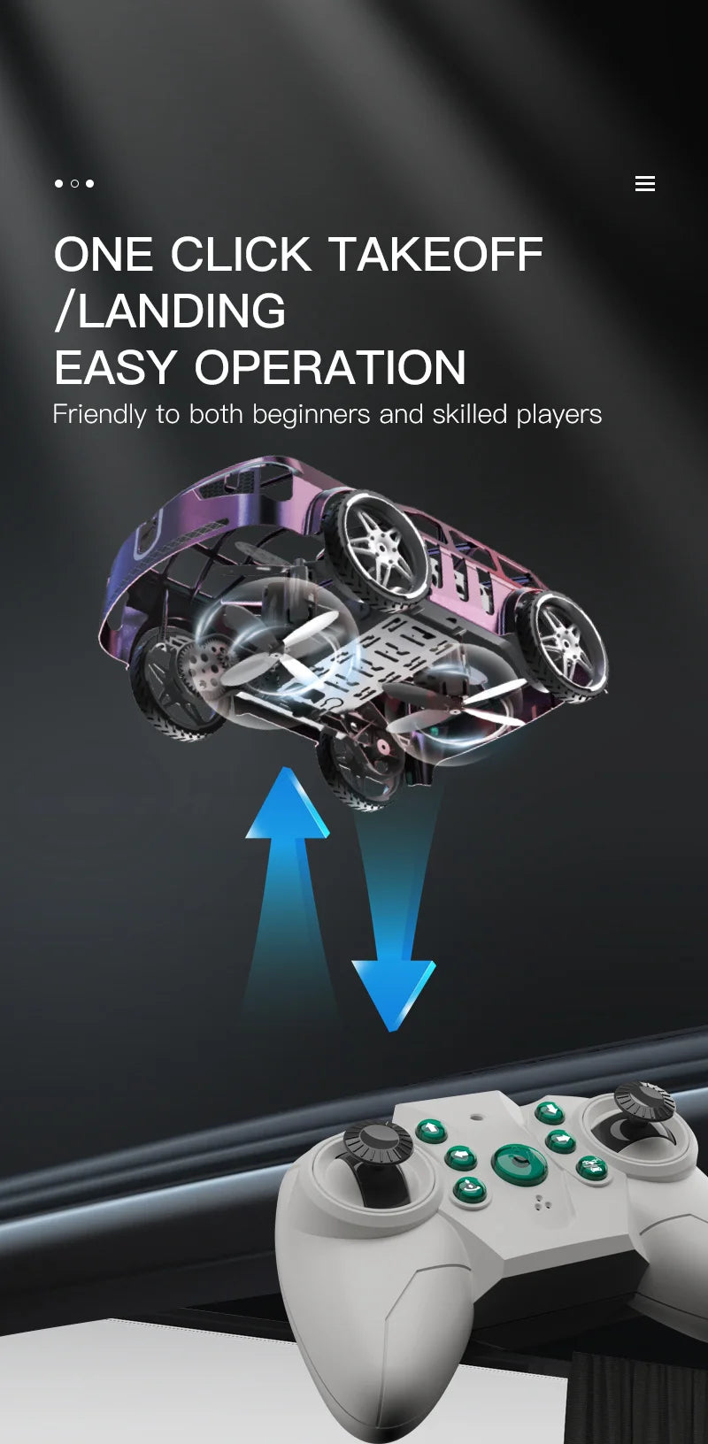 A purple and black RC car drone is shown in flight, with an arrow indicating a transformation or landing.
