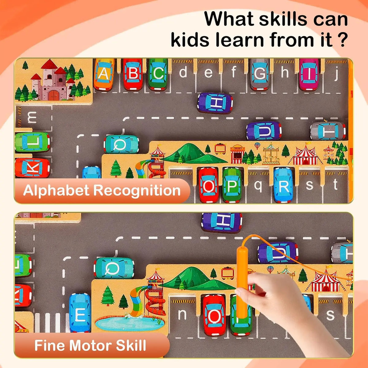 A wooden magnetic maze puzzle board for toddlers showing alphabet recognition and fine motor skill activities.