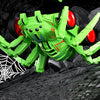 A bright green inertia-powered spider crawling toy car is shown in a dynamic, low-angle shot against a dark background.